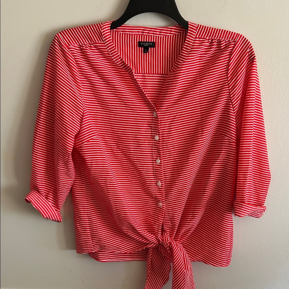 Talbots Red and White Striped Button-Down Tie-Front Shirt